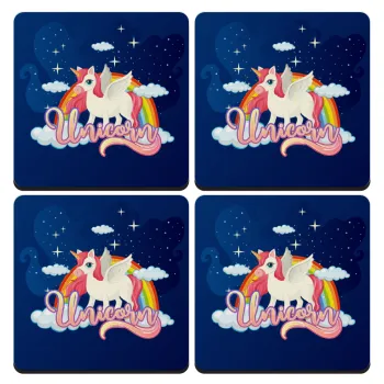 Μονόκερος, ΣΕΤ 4 Σουβέρ ξύλινα τετράγωνα (9cm)