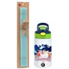 Easter Set, Children's thermal stainless steel bottle with safety straw, green/blue (350ml) & aromatic flat Easter candle (30cm) (TURQUOISE)