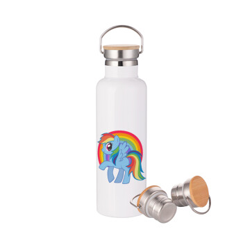 My Little Pony, Μεταλλικό παγούρι θερμός (Stainless steel) Λευκό με ξύλινο καπάκι (bamboo), διπλού τοιχώματος, 750ml