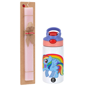 My Little Pony, Easter Set, Children's thermal stainless steel water bottle with safety straw, pink/purple (350ml) & Easter scented flat candle (30cm) (PINK)