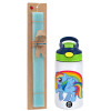 Easter Set, Children's thermal stainless steel bottle with safety straw, green/blue (350ml) & aromatic flat Easter candle (30cm) (TURQUOISE)