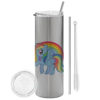 My Little Pony, Tumbler ποτήρι θερμό Ασημένιο από ανοξείδωτο ατσάλι 600ml, με μεταλλικό καλαμάκι & βούρτσα καθαρισμού
