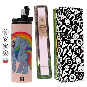 My Little Pony, Πασχαλινή Λαμπάδα με  ΡΟΖ Travel Tumbler θερμό (600ml, BPA free) & κερί αρωματικό πλακέ (30cm) (ΡΟΖ)