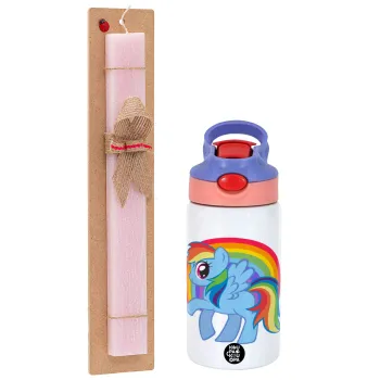 My Little Pony, Easter Set, Children's thermal stainless steel water bottle with safety straw, pink/purple (350ml) & Easter scented flat candle (30cm) (PINK)