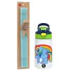 Easter Set, Children's thermal stainless steel bottle with safety straw, green/blue (350ml) & aromatic flat Easter candle (30cm) (TURQUOISE)