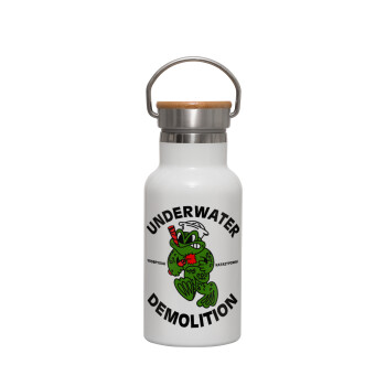 Underwater Demolition, Metallic thermos (Stainless steel) White with wooden lid (bamboo), double-walled, 350ml
