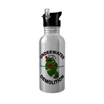 Underwater Demolition, Water bottle Silver with straw, stainless steel 600ml