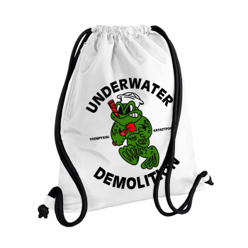 Underwater Demolition, Τσάντα πλάτης πουγκί GYMBAG λευκή, με τσέπη (40x48cm) & χονδρά κορδόνια