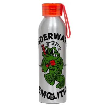 Underwater Demolition, Αλουμινένιο Αθλητικό Μπουκάλι 650ml – Ασημί με Κόκκινο Καπάκι και Λουράκι Σιλικόνης