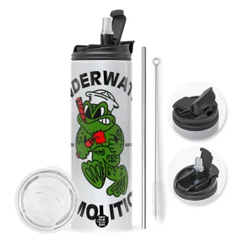 Underwater Demolition, Travel Tumbler θερμό με διπλό καπάκι, μεταλλικό καλαμάκι και βούρτσα καθαρισμού (Ανωξείδωτο 304 Food grade, BPA free, 600ml)