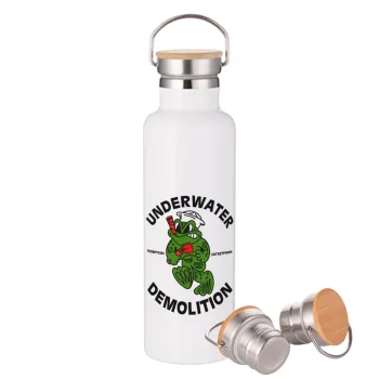 Underwater Demolition, Μεταλλικό παγούρι θερμός (Stainless steel) Λευκό με ξύλινο καπάκι (bamboo), διπλού τοιχώματος, 750ml