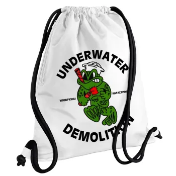 Underwater Demolition, Backpack pouch GYMBAG white, with pocket (40x48cm) & thick cords