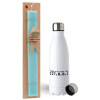 Easter Set, metallic stainless steel water bottle (750ml) & aromatic flat Easter candle (30cm) (TURQUOISE)