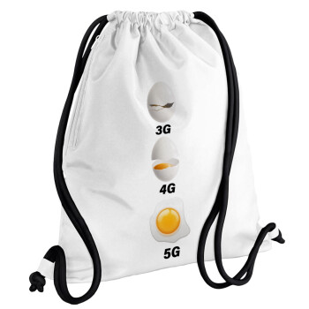 3G > 4G > 5G, Τσάντα πλάτης πουγκί GYMBAG λευκή, με τσέπη (40x48cm) & χονδρά κορδόνια