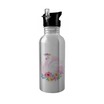 White swan, Water bottle Silver with straw, stainless steel 600ml