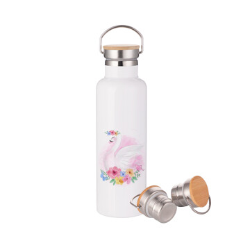 Λευκός κύκνος, Μεταλλικό παγούρι θερμός (Stainless steel) Λευκό με ξύλινο καπάκι (bamboo), διπλού τοιχώματος, 750ml