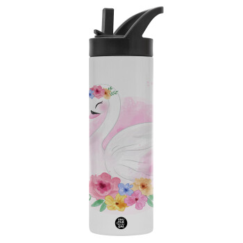White swan, Metallic thermos bottle with straw & handle, stainless steel (Stainless steel 304), double-walled, 600ml.