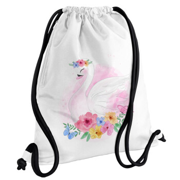 White swan, Backpack pouch GYMBAG white, with pocket (40x48cm) & thick cords