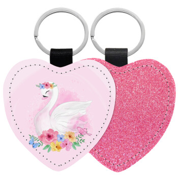 White swan, Μπρελόκ PU δερμάτινο glitter καρδιά ΡΟΖ