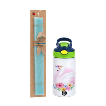 Λευκός κύκνος, Πασχαλινή Λαμπάδα με Παιδικό παγούρι θερμό, ανοξείδωτο, με καλαμάκι ασφαλείας, πράσινο/μπλε (350ml) & κερί αρωματικό πλακέ (30cm) (ΤΙΡΚΟΥΑΖ)