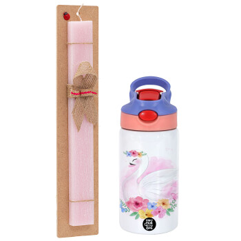 White swan, Easter Set, Children's thermal stainless steel water bottle with safety straw, pink/purple (350ml) & Easter scented flat candle (30cm) (PINK)