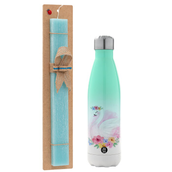 White swan, Easter Set, Metallic green/white thermos (Stainless steel), double-walled, 500ml & scented flat Easter candle (30cm) (TURQUOISE)