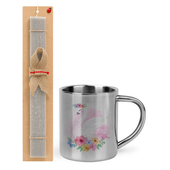 White swan, Easter Set, metallic thermal cup (300ml) & Easter aromatic flat candle (30cm) (GRAY)