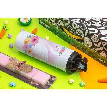 White swan, Easter candle,Travel Tumbler 2 Lids, with metal straw & cleaning brush & aromatic flat candle (30cm) (PINK)