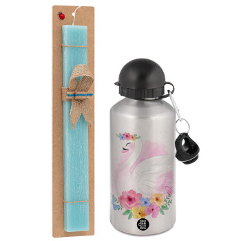 White swan, Easter Set, metallic silver aluminum water bottle (500ml) & scented flat Easter candle (30cm) (TURQUOISE)