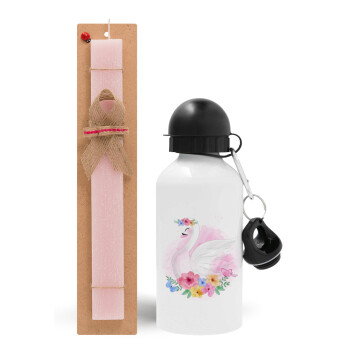White swan, Easter Set, metallic aluminum bottle (500ml) & aromatic flat Easter candle (30cm) (PINK)