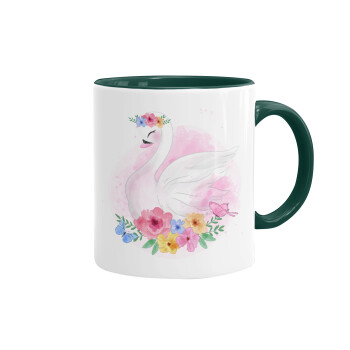 White swan, Mug colored green, ceramic, 330ml