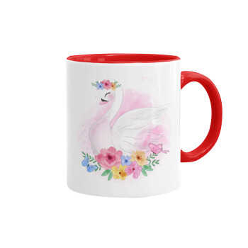White swan, Mug colored red, ceramic, 330ml