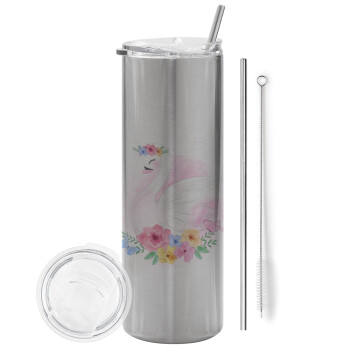 White swan, Eco friendly stainless steel Silver tumbler 600ml, with metal straw & cleaning brush