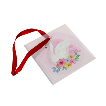 White swan, Christmas ornament, glass square ornament 9x9cm