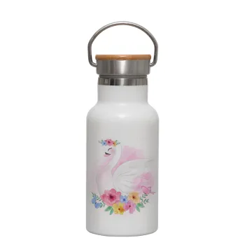 White swan, Metallic thermos (Stainless steel) White with wooden lid (bamboo), double-walled, 350ml