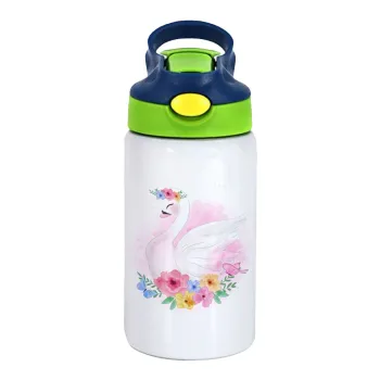 White swan, Children's hot water bottle, stainless steel, with safety straw, green, blue (350ml)