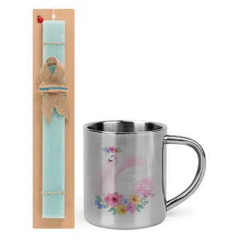 White swan, Easter Set, metallic thermal cup (300ml) & aromatic flat Easter candle (30cm) (TURQUOISE)
