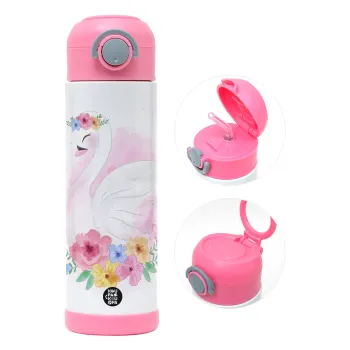 White swan, Children's hot water bottle, stainless steel, with safety straw, PINK (500ml)