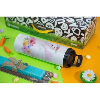 White swan, Easter candle,Travel Tumbler 2 Lids, with metal straw & cleaning brush & aromatic flat candle (30cm) (BLUE)