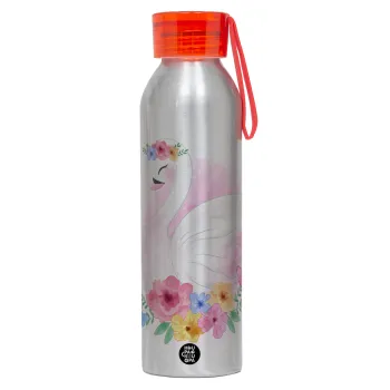 White swan, Aluminum Sports Bottle 650ml – Silver with Red Cap and Silicone Strap