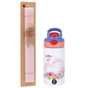 White swan, Easter Set, Children's thermal stainless steel water bottle with safety straw, pink/purple (350ml) & Easter scented flat candle (30cm) (PINK)