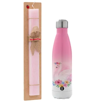 White swan, Easter Set, Metallic pink/white (Stainless steel) thermos, double-walled, 500ml & aromatic flat Easter candle (30cm) (PINK)