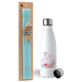 White swan, Easter Set, metallic stainless steel water bottle (750ml) & aromatic flat Easter candle (30cm) (TURQUOISE)