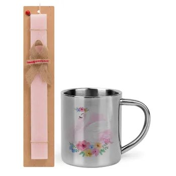 White swan, Easter Set, metallic thermal cup (300ml) & aromatic flat Easter candle (30cm) (PINK)