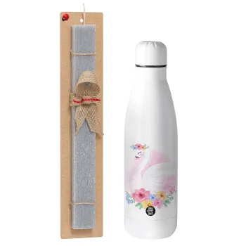 White swan, Easter Set, metallic stainless thermos bottle (500ml) & scented flat Easter candle (30cm) (GRAY)