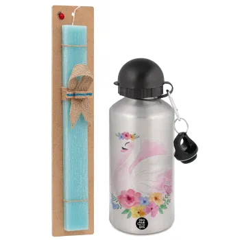 White swan, Easter Set, metallic silver aluminum water bottle (500ml) & scented flat Easter candle (30cm) (TURQUOISE)