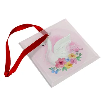 White swan, Christmas ornament, glass square ornament 9x9cm