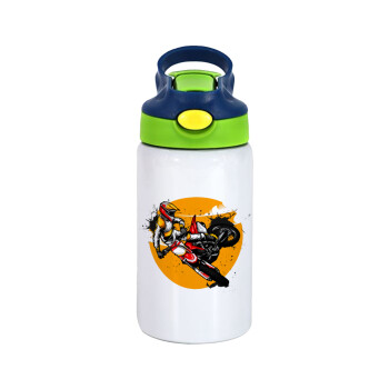 Motocross, Children's hot water bottle, stainless steel, with safety straw, green, blue (350ml)