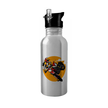 Motocross, Water bottle Silver with straw, stainless steel 600ml