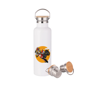 Motocross, Μεταλλικό παγούρι θερμός (Stainless steel) Λευκό με ξύλινο καπάκι (bamboo), διπλού τοιχώματος, 750ml